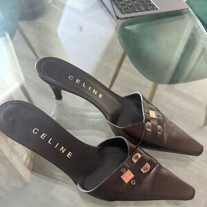 chocolate brown vintage leather Celine kitten heel mules